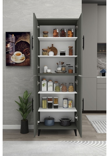 Meta 6 Raflı 4 Kapaklı Çok Amaçlı Xl Dolap Mutfak Banyo Balkon Erzak Killer Dolabı - Antrasit