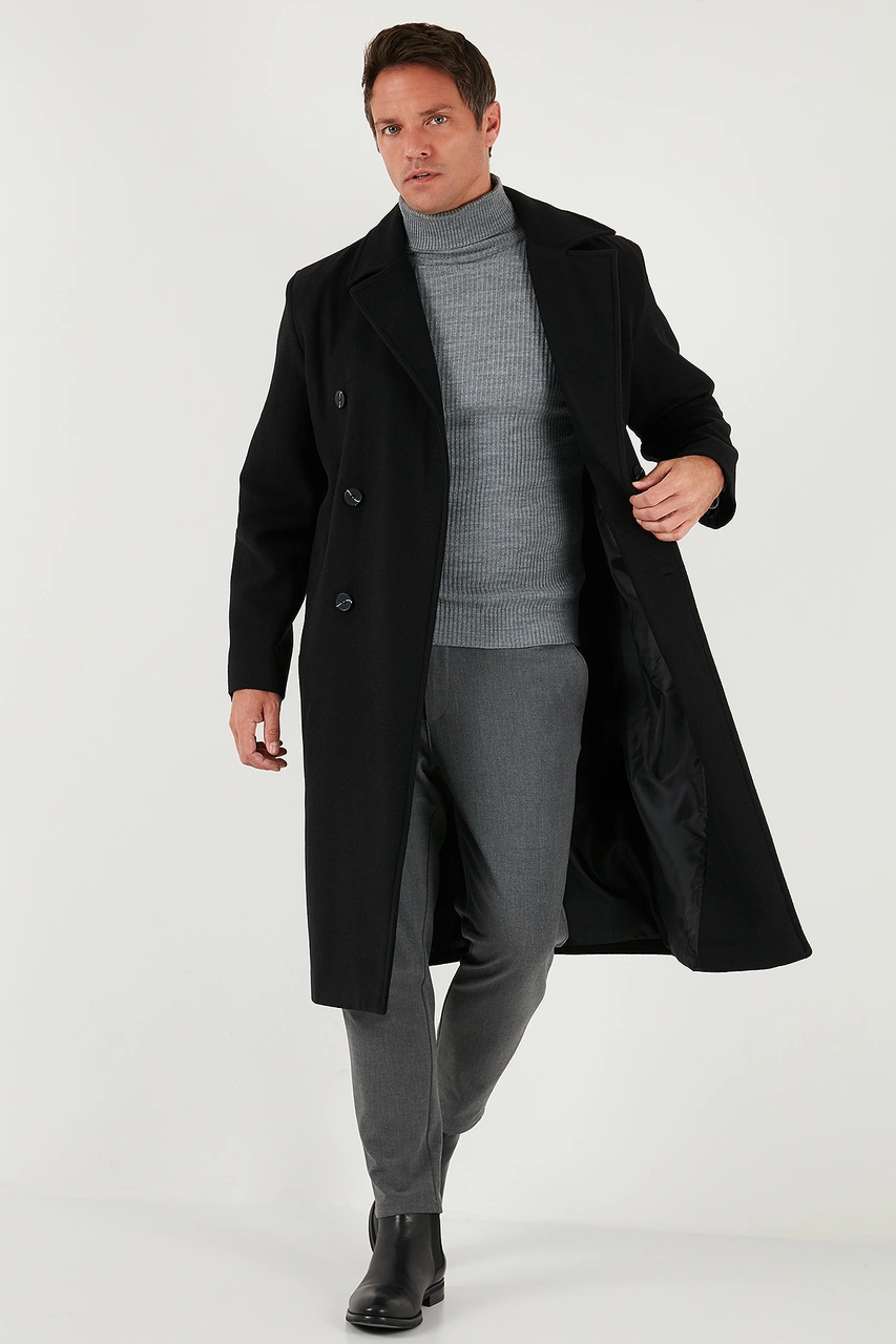 Buratti Loose Fit Kruvaze Yaka Uzun Astarlı Kaşe Erkek Kaban 681003 Siyah