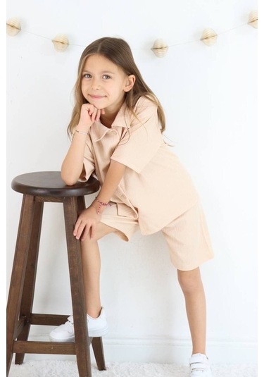 Gömlek Oversize Kız Şort Takım Bej