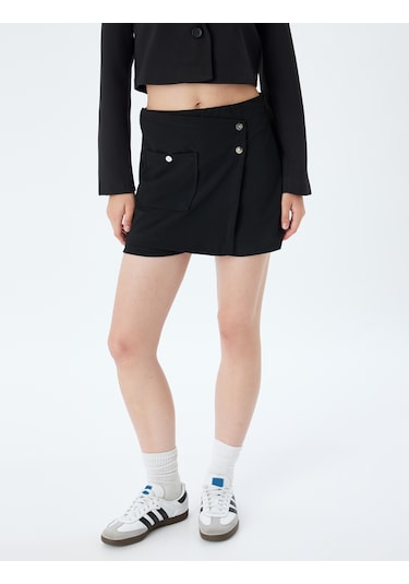 Koton Mini Şort Etek Çıtçıt Düğme Detaylı Cepli Slim Fit Siyah 5wal70003ık Siyah