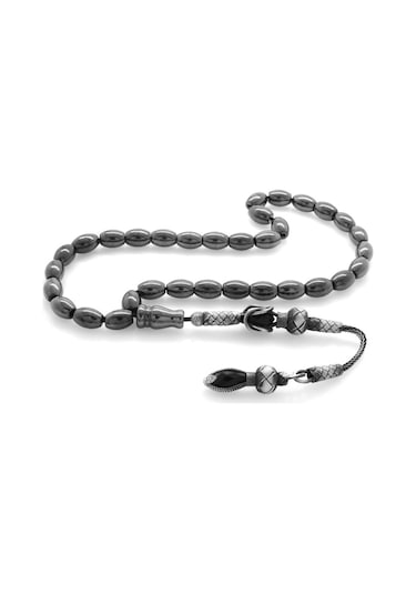 1000 Ayar Gümüş Kazaz Püsküllü Arpa Kesim Hematit Doğaltaş Tesbih