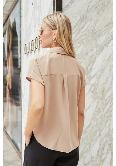 Likrasız Şık Kumaş Yakalı Düşük Omuzlu Önü Pileli Gömlek-vizon Vizon