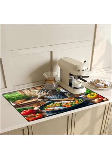 55 Cm X 45 Cm Kedi Şef Tasarımı Tezgah Üstü Bulaşık Kurutma Matı Bulaşıklık Kurutma Örtüsü Çok Renkli