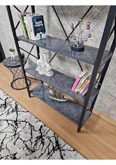 Siyah Boyalı Kitaplık - 5 Raflı Suntalem Lüks Kitaplık Aris Gri Çok Renkli