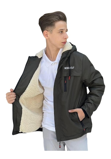 Erkek Çocuk New Wolf Yazılı Fermuar Cepli İçi Peluş Astarlı Haki Renk İnce Mont Haki