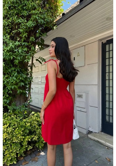 Kısa Pamuklu Yaz Elbisesi Askısı Bağlamalı Astarsız Kırmızı