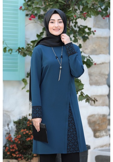 Lazer Kesim Detaylı Büyük Beden Tesettür Takım İndigo