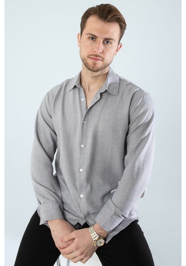 Rahat Kesim Keten Dokulu Gömlek Gri