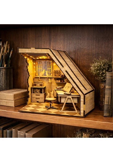 Mini Study Room Ahşap Maket Seti Dıy Book Nook Çalışma Odası Kitaplık Dekoru
