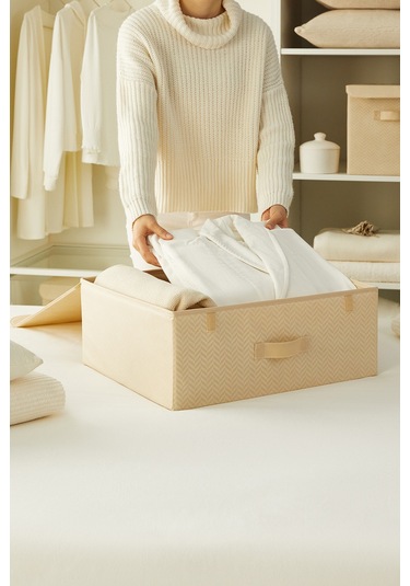 Ocean Home Textile Bej Balıksırtı Kapaklı Kutu 48 x 40 x 19 cm