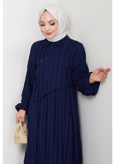 Çapraz Bağlamalı Bürümcük Elbise 1617 - Lacivert Lacivert