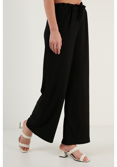 Lela Belden Bağlamalı Rahat Kesim Krinkıl Kuımaş Bayan Pantolon 5862061 Siyah