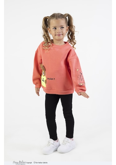 Kız Çocuk Orta Kalınlıkta Baskılı Örme Basic Taytlı Alt Üst Takımı Nar Çiçeği Narçiçeği