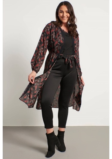Myline Kadın Dantel Şerit Detay Uzun Kimono