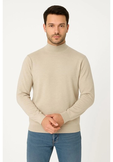 Erkek Yarım Boğaz Triko Kazak Yumuşak Dokulu Pamuklu İnce Dokuma, Uzun Kollu Rahat Regular Kalıp - Bej Siyah