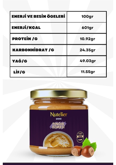 Nutelier %100 Fındık Şekersiz Fındık Ezmesi 200 G