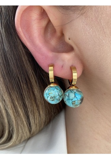 Mavi Taşlı Yuvarlak Sallantılı Çelik Kararmaz Gold Kaplama Küpe Ç