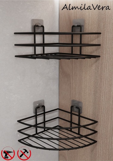 Ömür Boyu Paslanmaz Yapışkanlı Banyo Rafı Düzenleyıcı 2 Adet Mat Siyah Köşelik Şampuanlık Siyah