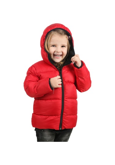 Kız Çocuk Kırmızı Içi Polarlı Kapüşonlu Su Geçirmez Rüzgara Dayanıklı Şişme Kışlık Mont & Kaban Kırmızı