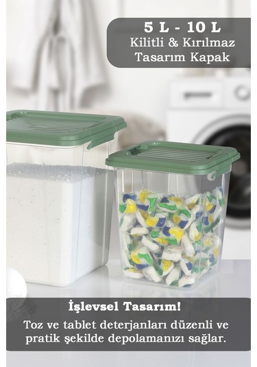 2'li Set 5-10l Kilit Kapak Saklama Kutusu Deterjanlık - Un Bakliyat Erzak Saklama Kabı Organizer Box Yeşil