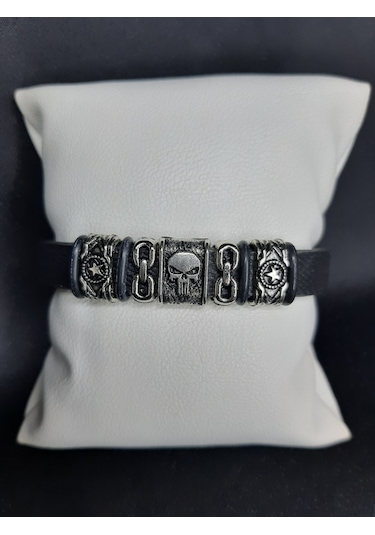 Unisex Suni Deri Metal Detaylı El Yapımı Bileklik Siyah