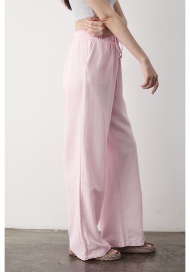 Pembe Beli Lastikli Bol Paça Pantolon Pembe