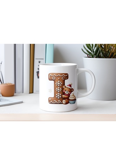 I Kurabiye Harf Ve Ayıcık Detaylı Kupa Bardak - Yeni Yıl / Yılbaşı Temalı Tasarım - Noel Hediye Beyaz