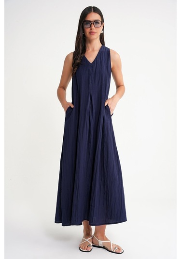 4700 Kadın V Yaka Önü Pileli Elbise Lacivert Lacivert