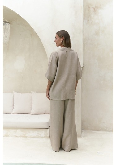 Baron Bej Keten Gömlek Pantolon Takım Bej