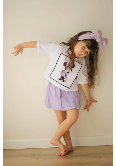 Kız Çocuk Mickey Ve Dondurma Desenli Kısa Kol Pamuk Etekli Takım Beyaz