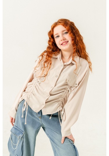 Kız Çocuk Önü Tünelli Cebi Zincirli Gömlek 3147 Bej