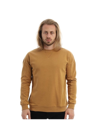 Erkek Bisiklet Yaka Karyoka Dikişli Sweatshirt Kahverengi