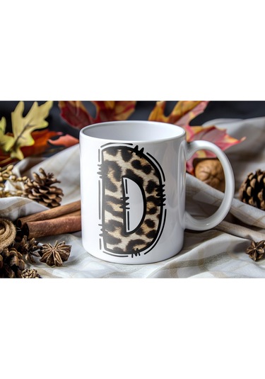 D Baş Harf Leopar Desenli Kupa Bardak - Kişiye Özel Feminen Konsept Hediye - Vahşi Hayvan Desenli Beyaz