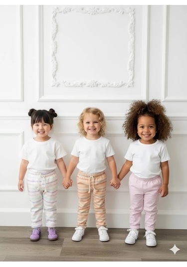 Kız Çocuk Desenli 3 Lü Paket Gündelik Rahat Pantolon Seti 2-7 Yaş Ekru-somon-a.pembe