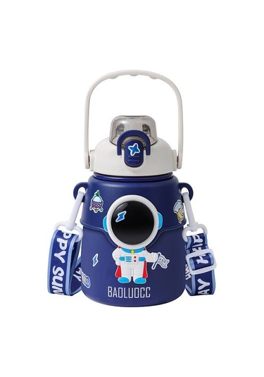 Lyon 850ml Astronot Karikatür Paslanmaz Çelik Taşınabilir Kayışlı Su Şişesi Çocuk Saman Izoleli Sumor Mor