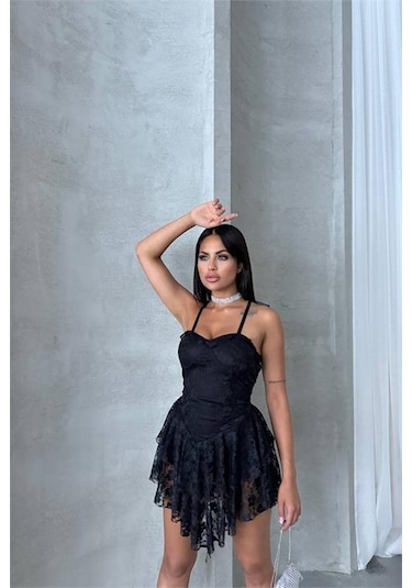Dip Moda Kadın İçi Şortlu Prenses Mini Elbise Dpnbdf060 Siyah