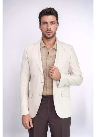 Bej Balıksırtı Desenli Gold Renk Metal Düğmeli Slim Fit Erkek Blazer Ceket - Wessi Cream