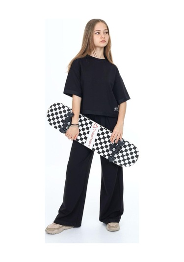 Kız Çocuk %100 Pamuk Oversize Yarım Kol Alt-üst Eşofman Takım-eşt-0012 Siyah