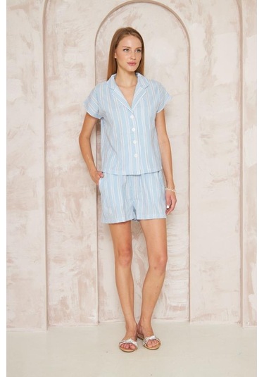 Kadın Özel Kumaş Ceket Yaka Beli Lastikli Kısa Kol Gömlek Cepli Şort Takım 3625290 Mavi-Beyaz