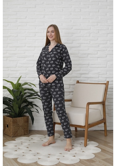 Fames Pijama Uzunkol Düğmeli Penye Pijama Takimi Kalpli Beyaz