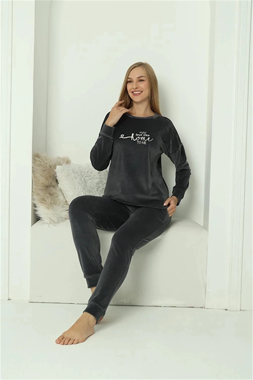 Moda Kadın Kadife Füme Pijama Takım Füme