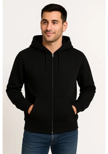 Erkek Üç İplik Kapüşonlu Tam Fermuarlı Kanguru Çepli Sweatshirt Hoodie - Siyah Siyah