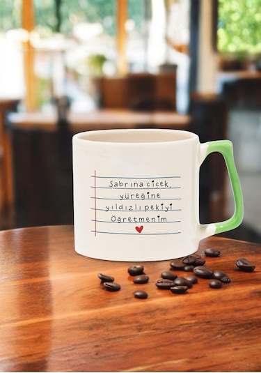 Öğretmenler Günü Kişiye Özel Renkli Kulplu Öğretmen Kupası Açık Yeşil