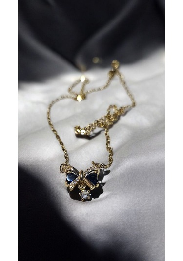 Mavi Taşlı Altın Renk Papyon Figürlü Kolye Zarif Ve Şık Kadın T