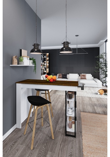 Dekorfim DF01103BR Raflı Yüksek Bar Masası Mutfak Yemek Masası