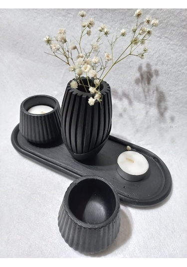 İskandinav Vazolu Tabaklı Tealight Mumluk Set Siyah Siyah