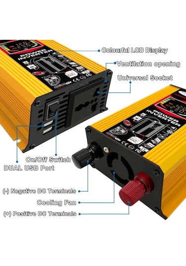 Sones Tang Iıı Nesil 12v İla 220v 6000w Lcd Ekranlı Ve Çift Usb'li Araç Güç Çeviricisi Sarı