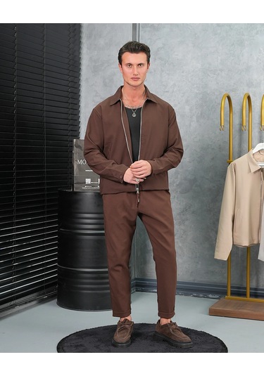 Modefendi Düz Kumaş Oversize Fermuarlı Alt Üst Jogger Takım Kahverengi