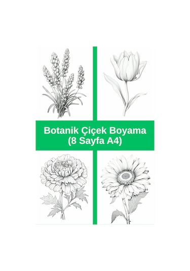 Botanik Çiçek Boyama Sayfaları 2, 8 Adet A4 Boyut .