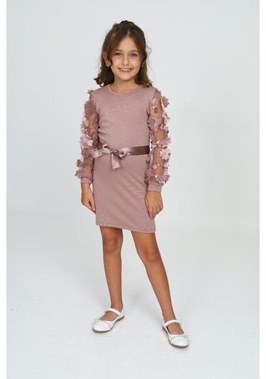 Belden Bağlamalı Tül Detaylı Çocuk Elbise Mykids Collection Pudra